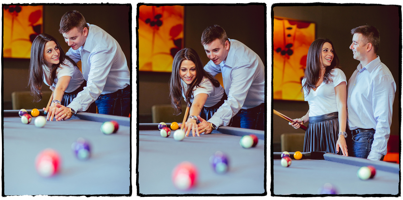 Marisa & Rob's apartment building had a lounge with a pool table, so naturally we got some cute shots of them playing together.