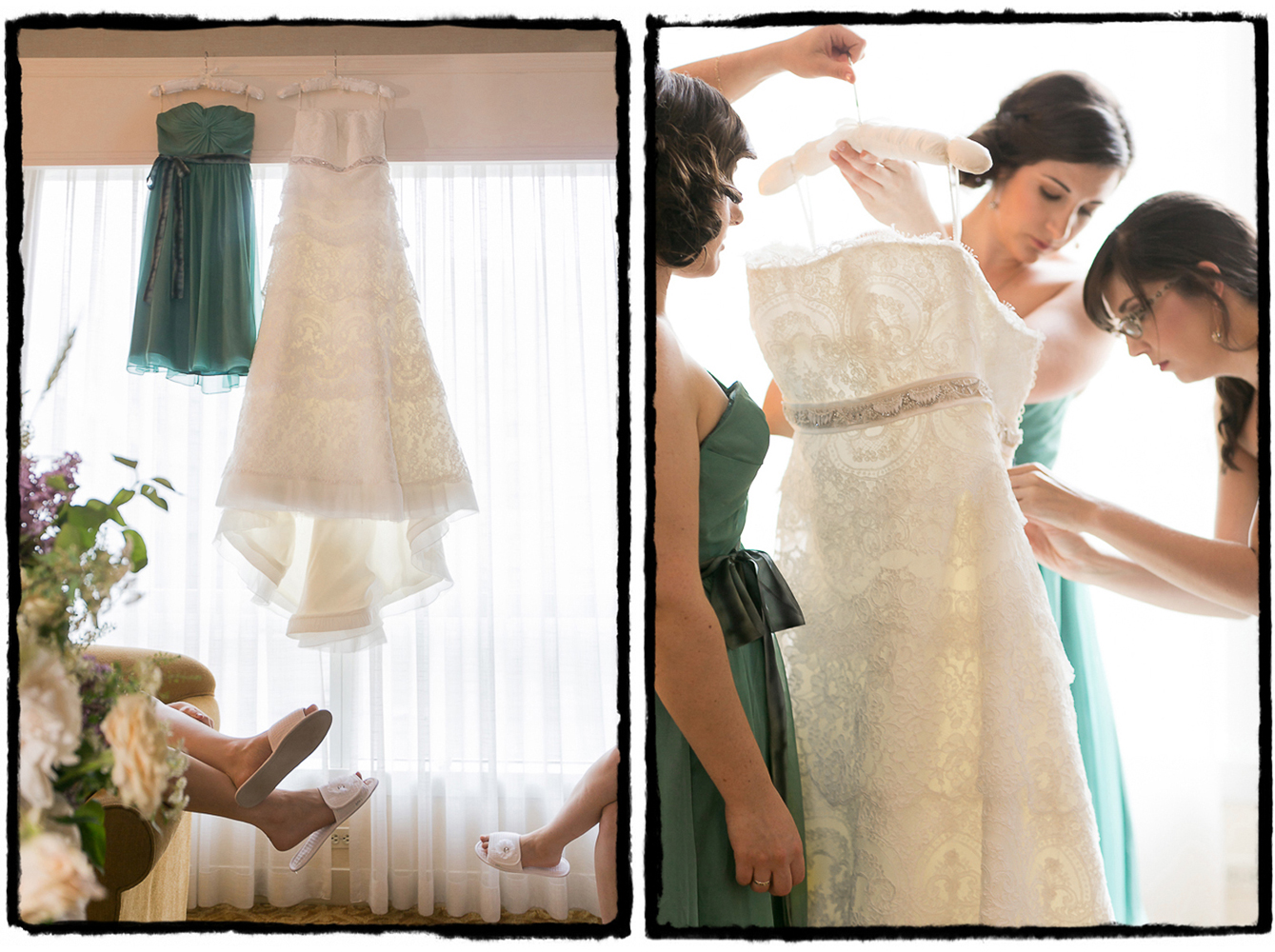 Alexandra's bridesmaids prepare the dress for her to step into for her wedding at The Palm House..