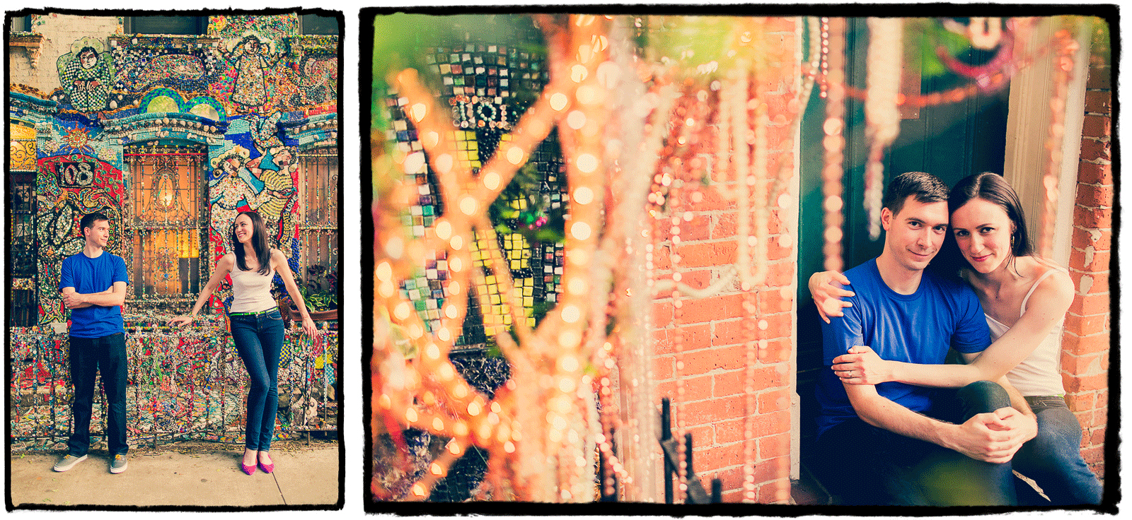 Engagement Portrait: Pat & Shannon show off the artistic decor in their neighborhood in Brooklyn.