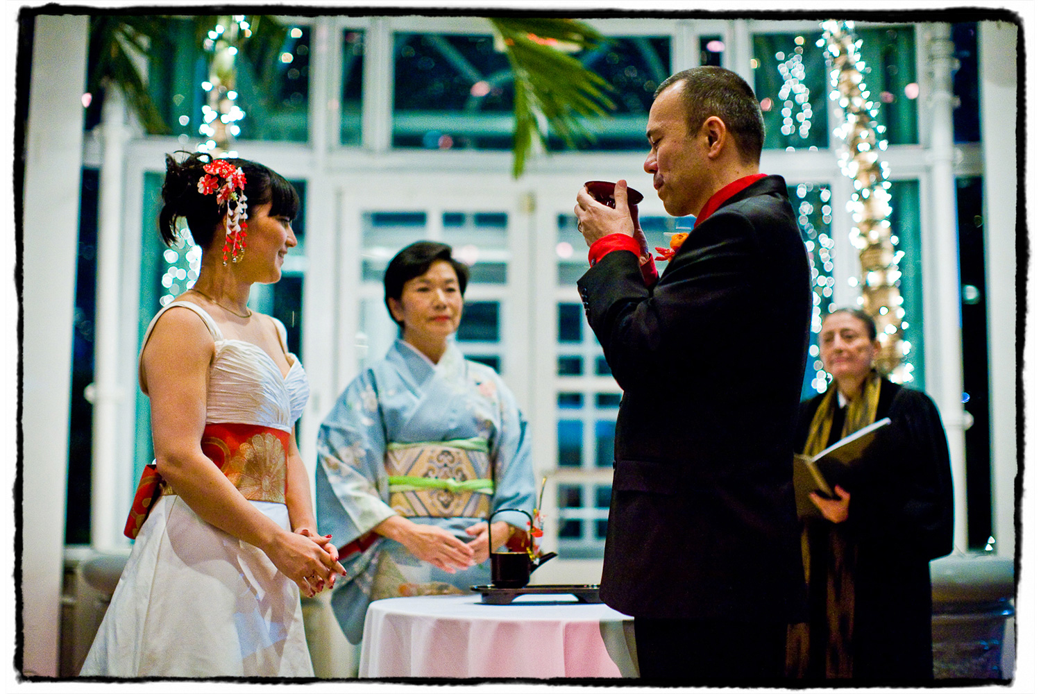 A simplified tea ceremony was incorporated into this lovely modern wedding at The Palm House at Brooklyn Botanic Garden..