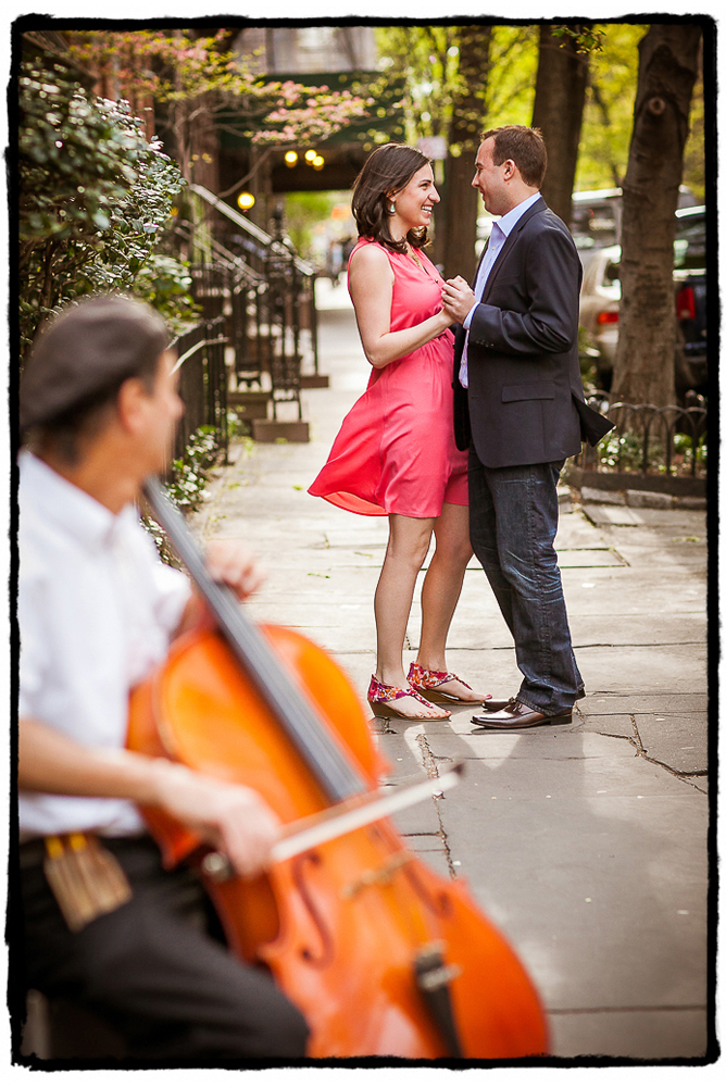 Engagement Portrait: Marisa & Nolan practice their first dance with the help of a talented busker on the streets of the East Village.