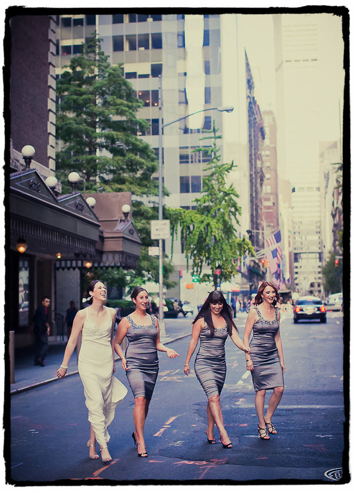 Amy and her bridesmaids cross a midtown street on their way to the wedding at Housing Works Bookstore in SoHo.
