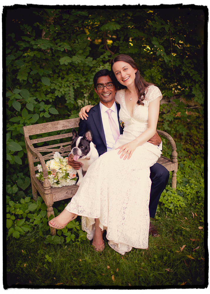 Katie and Sharmilan adore their french bulldog Wilbur and we just had to get a sweet family portrait of the three of them at their wedding at Buttermilk Falls in the Hudson Valley.