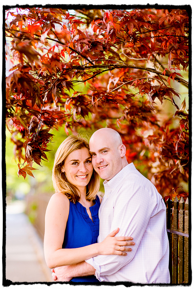 Engagement Portrait: Carrie & Brian smile under a gorgeous red maple in the West Village.