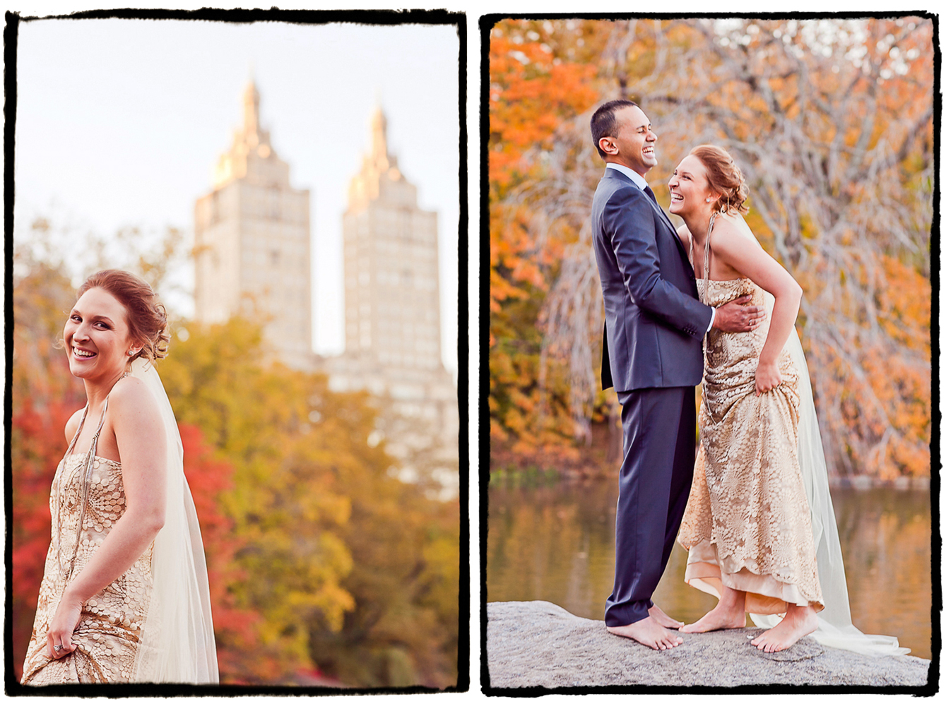 After a fall elopement in Central Park we took some time to walk around and make some beautiful photographs.  I loved how the colors of the fall foliage were complementing the warth of this bride's gown.