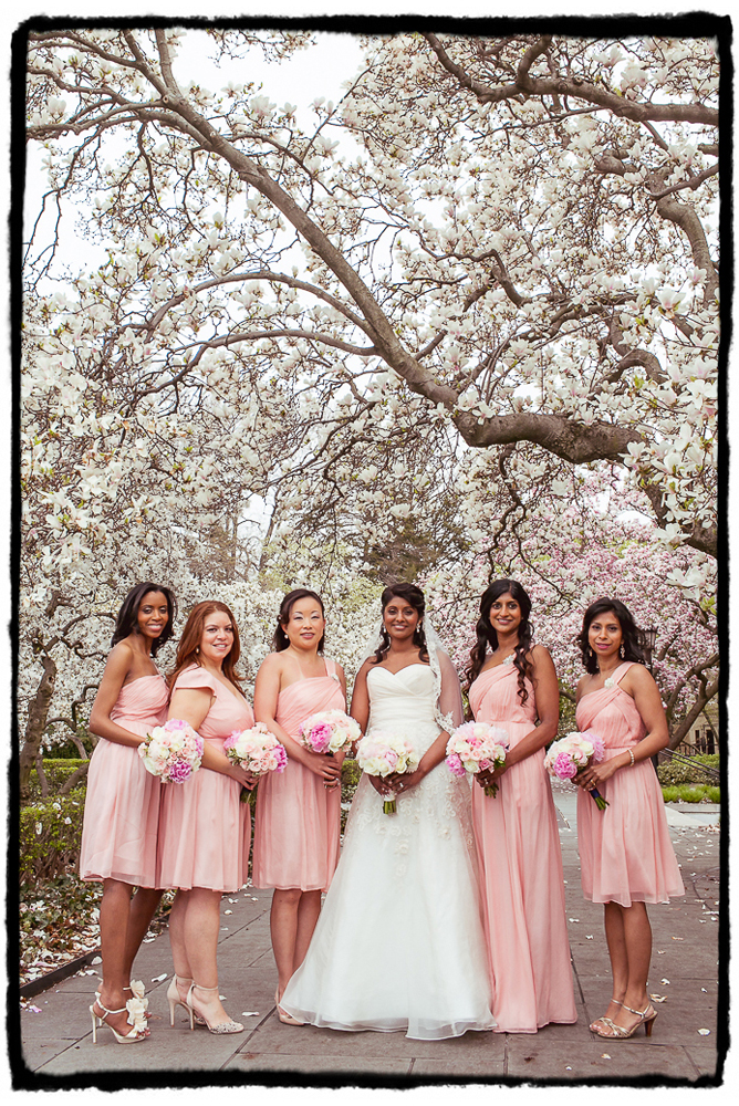 Lincy and her bridesmaids were lovely in soft pinks for this April wedding at The Palm House at Brooklyn Botanic Garden.