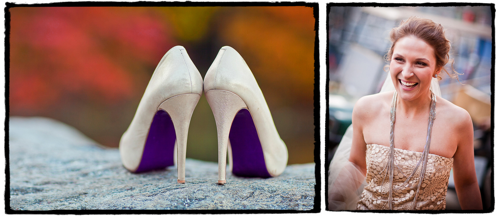 beautiful wedding shoes and a unique necklace were a stylish complement to the gold lace gown at this central park elopement ceremony.