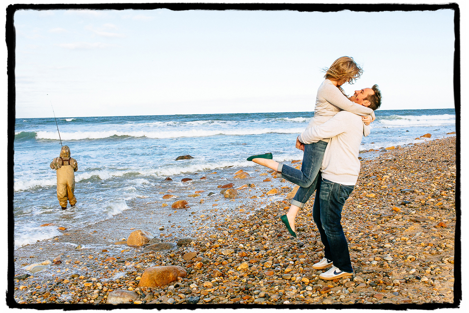 Engagement Portraits: Gina & Jamie on the pebbled beach of Montauk.