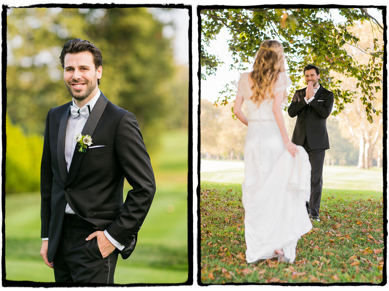 Jaymie and Brad shared a first look under a giant tree on the green at Fresh Meadow Country Club.