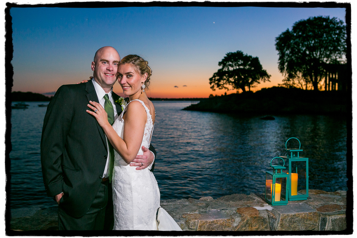 Carrie and Brian stepped outside the tent reception for a few minutes at sunset to get a portrait with the ocean view from Belle Haven Club in Greenwich, Connecticut.